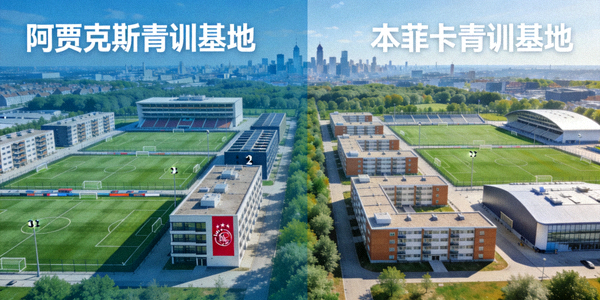 欧洲足球俱乐部青训基地俯瞰图，对比阿贾克斯、本菲卡等俱乐部训练设施