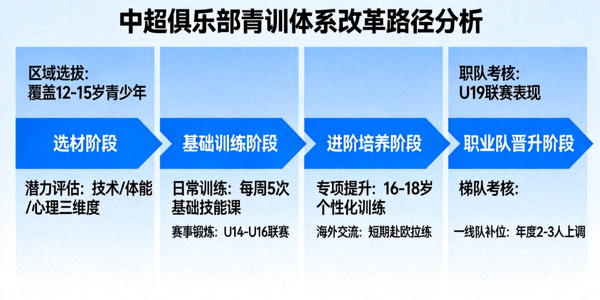 中超俱乐部青训体系改革路径分析图表，展示从选材到职业队的人才培养流程