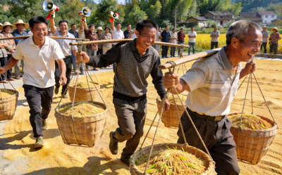 农村趣味运动会场景 - 村民参与挑粮食比赛，气氛欢乐