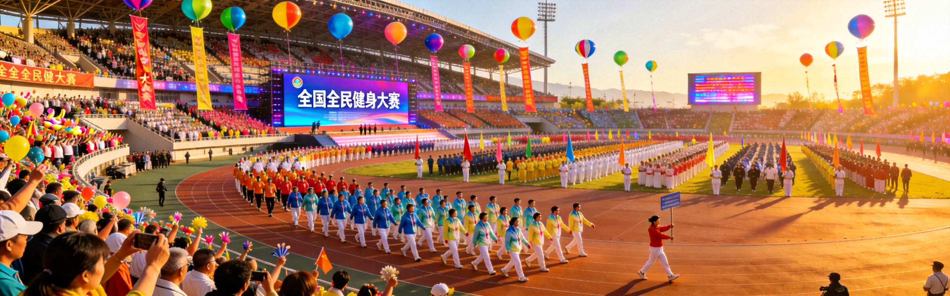 全国全民健身大赛开幕式现场 - 众多运动员和观众齐聚体育场，气氛热烈