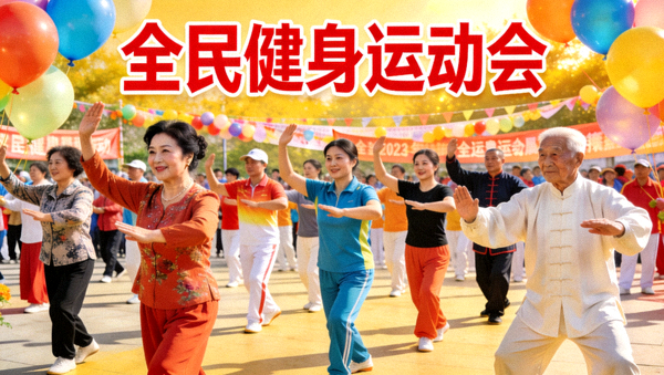 全民健身运动会现场群众参与团体健身项目的热闹场景