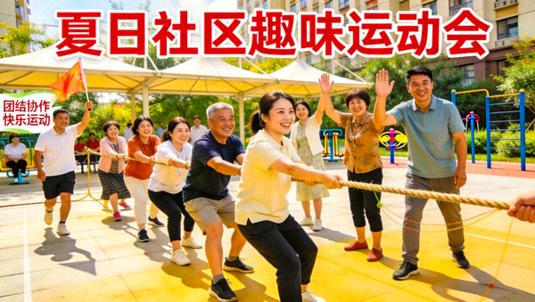夏日社区运动会现场居民参与趣味团体项目的欢乐场面