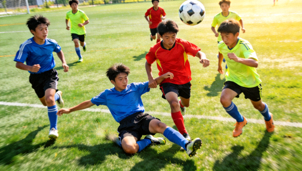 校园足球联赛中学生们在球场上拼抢足球的青春画面