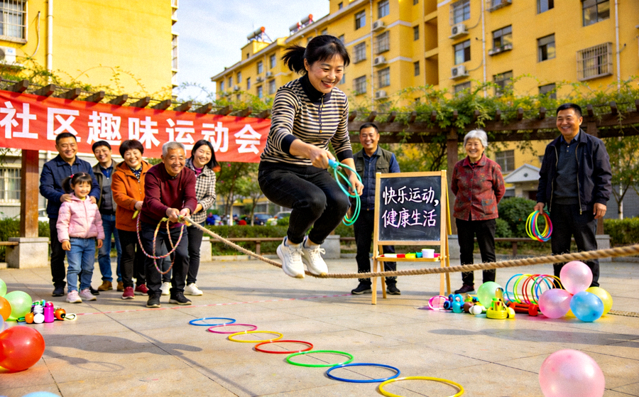 社区运动会现场居民参与趣味体育项目比赛的欢乐场景